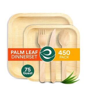 ECO SOUL 100% Compostable Palm Leaf Dinnerware Set For 75 Guests [10", 6" Square